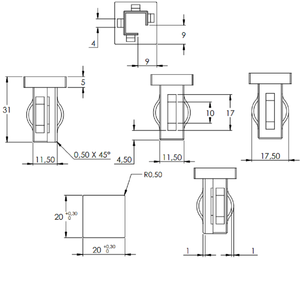 Stahleinschlagstopfen für Quadrat- oder Rechteckrohr  20 x 20mm, mit Wandstärke 1,5-2,0mm, flach