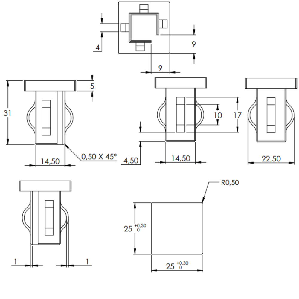 Stahleinschlagstopfen für Quadrat- oder Rechteckrohr  25 x 25mm, mit Wandstärke 1,5-2,0mm, flach