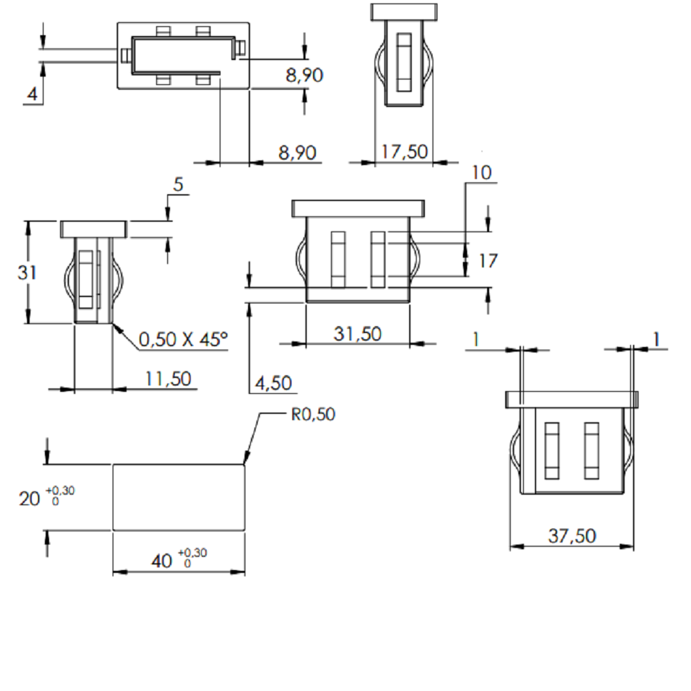 Stahleinschlagstopfen für Quadrat- oder Rechteckrohr  40 x 20mm, mit Wandstärke 1,5-2,0mm, flach