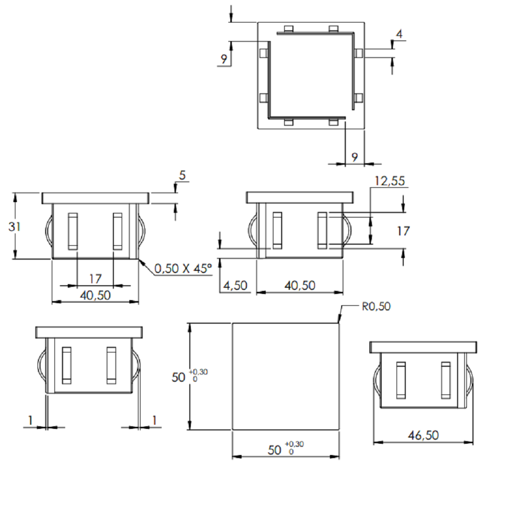 Stahleinschlagstopfen für Quadrat- oder Rechteckrohr  50 x 50mm, mit Wandstärke 2,0-3,0mm, flach