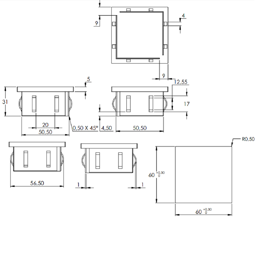 Stahleinschlagstopfen für Quadrat- oder Rechteckrohr  60 x 60mm, mit Wandstärke 2,0-3,0mm, flach