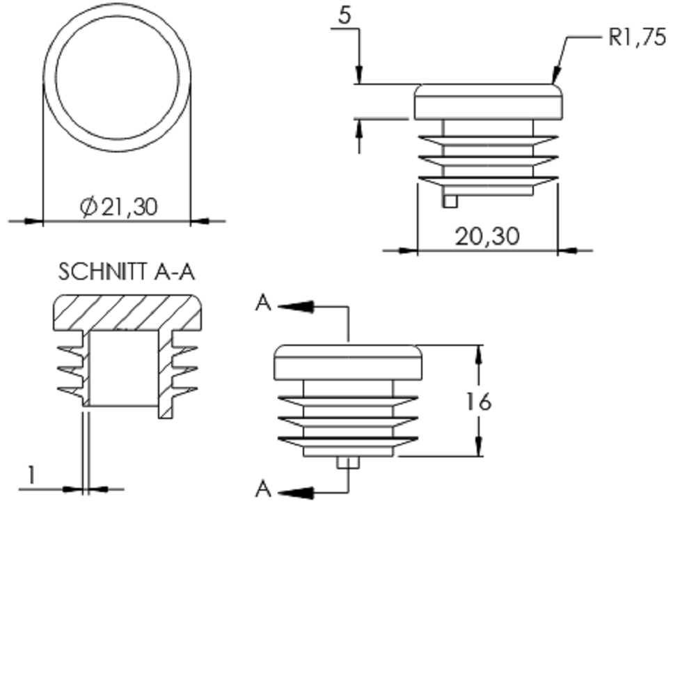 Kunststoff Einsteckkappe für Rundrohr ø 21,3mm mit Wandstärke 1,0-2,5mm, in Anthrazitgrau