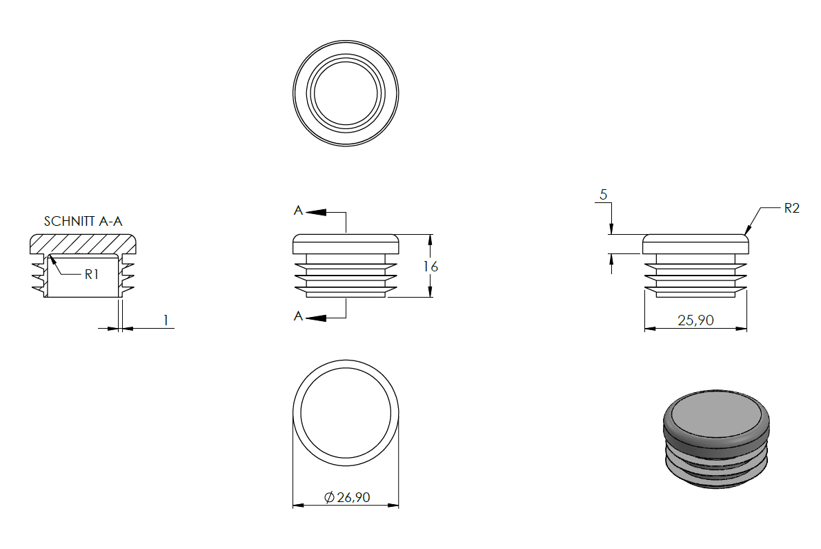 Kunststoff Einsteckkappe für Rundrohr ø 26,9mm mit Wandstärke 1,0-3,0mm, in Anthrazitgrau