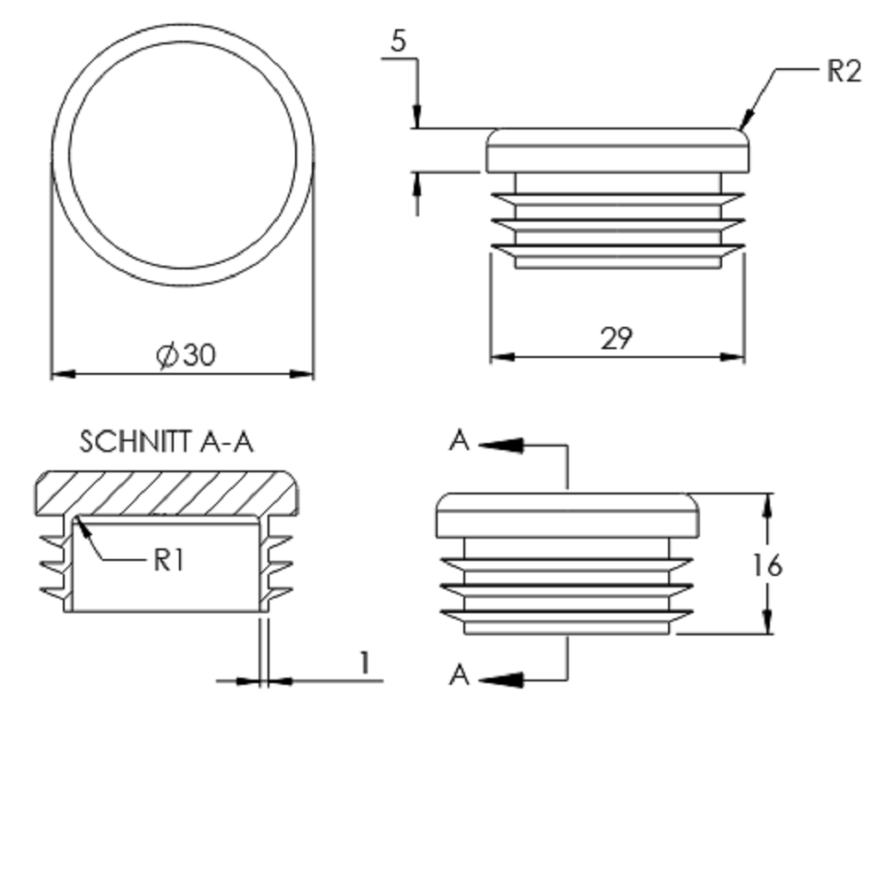 Kunststoff Einsteckkappe für Rundrohr ø 30mm mit Wandstärke 1,0-2,0mm, in Schwarz