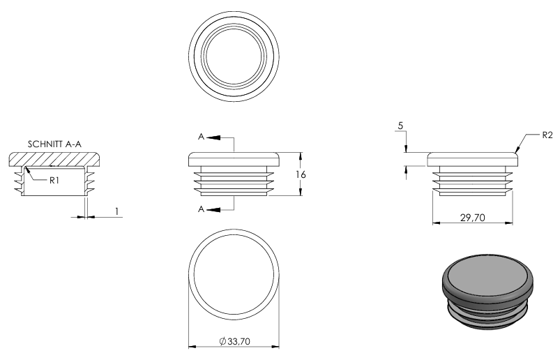 Kunststoff Einsteckkappe für Rundrohr ø 33,7mm mit Wandstärke 2,5-4mm, in Grau