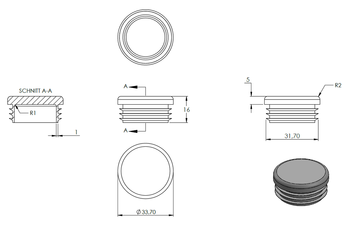 Kunststoff Einsteckkappe für Rundrohr ø 33,7mm mit Wandstärke 1,0-3,0mm, in Anthrazitgrau