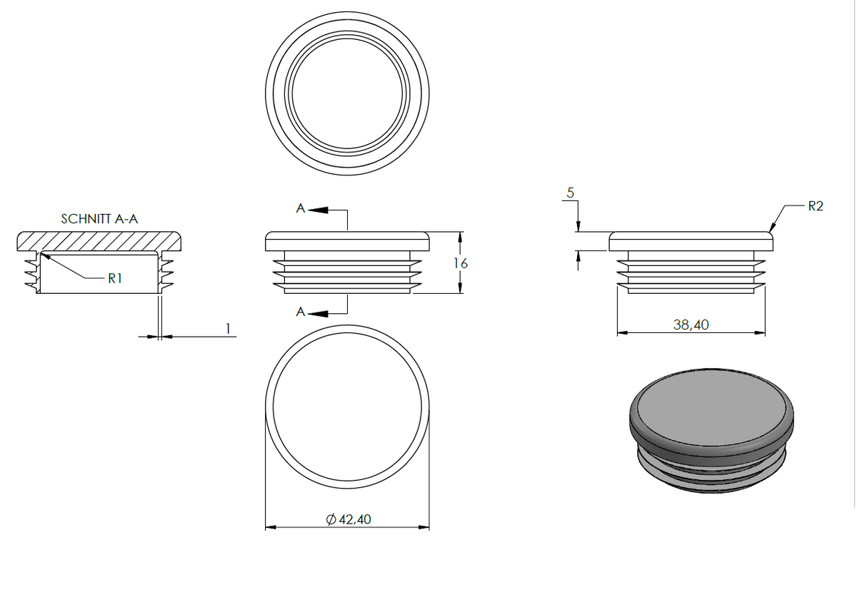 Kunststoff Einsteckkappe für Rundrohr ø 42,4mm mit Wandstärke 2,5-4,0mm, in Anthrazitgrau