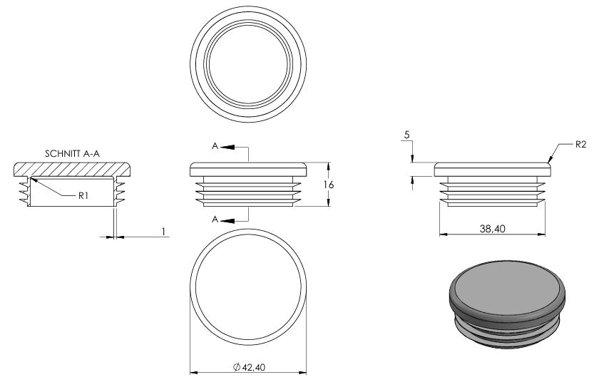 Kunststoff Einsteckkappe für Rundrohr ø 42,4mm mit Wandstärke 2,5-4,0mm, in Grau