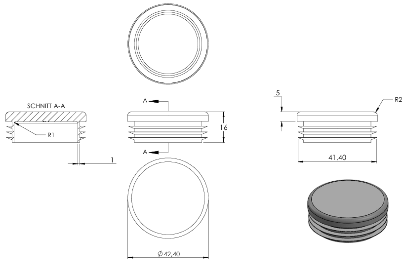 Kunststoff Einsteckkappe für Rundrohr ø 42,4mm mit Wandstärke 1,0-2,0mm, in Grau