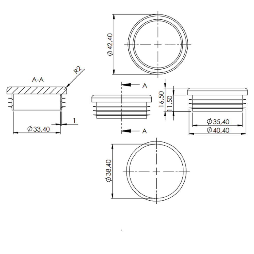 Kunststoff Einsteckkappe für Rundrohr ø 42,4mm mit Wandstärke 1,0-2,0mm, in Schwarz