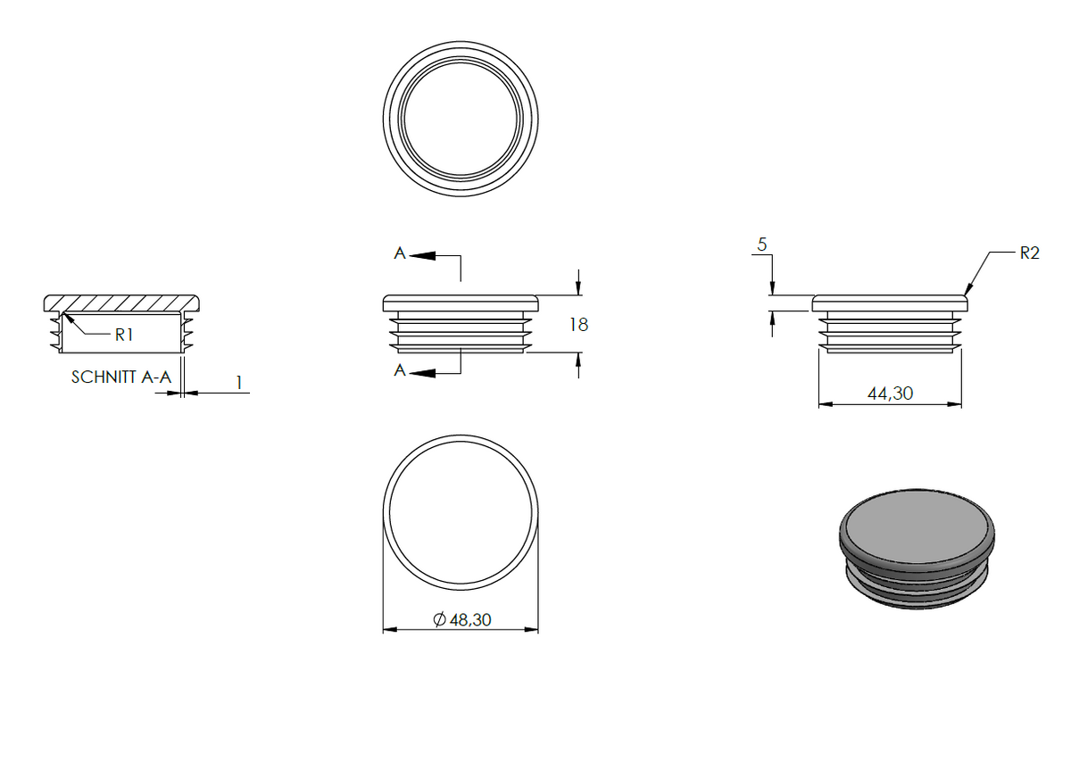 Kunststoff Einsteckkappe für Rundrohr ø 48,3mm mit Wandstärke 3,0mm, in Anthrazitgrau