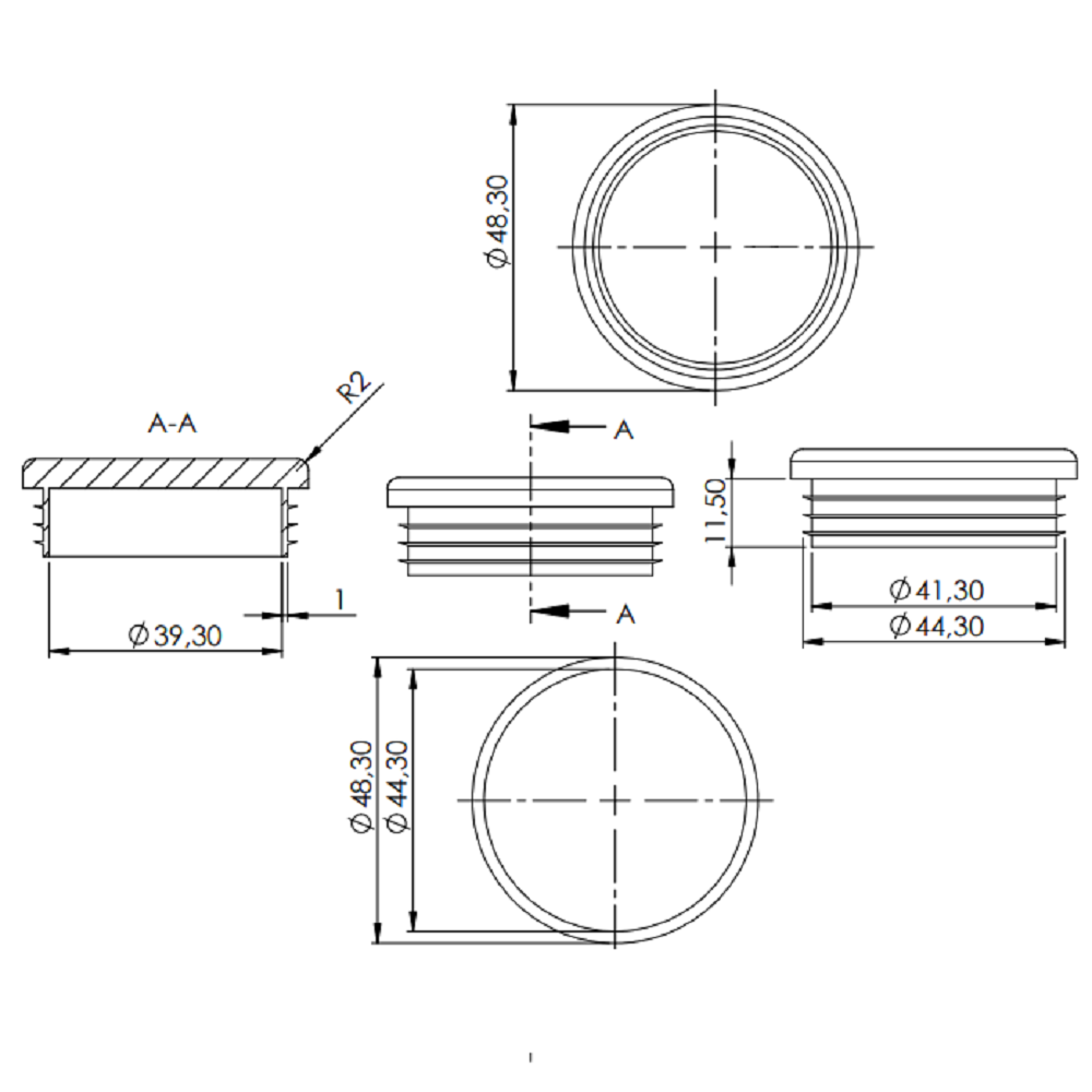 Kunststoff Einsteckkappe für Rundrohr ø 48,3mm mit Wandstärke 2,0-3,0mm, in Schwarz