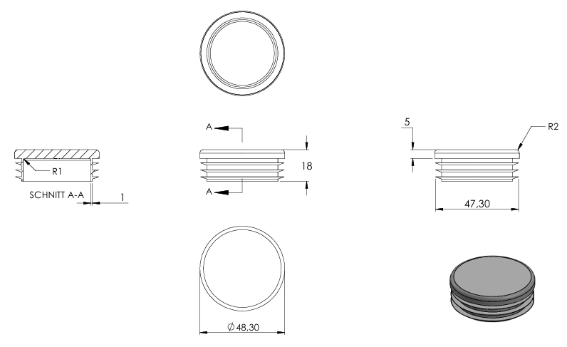 Kunststoff Einsteckkappe für Rundrohr ø 48,3mm mit Wandstärke 1,0-2,0mm, in Grau