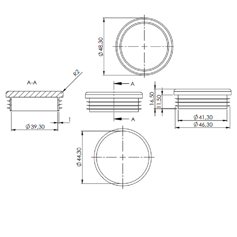 Kunststoff Einsteckkappe für Rundrohr ø 48,3mm mit Wandstärke 1,0-2,0mm, in Schwarz