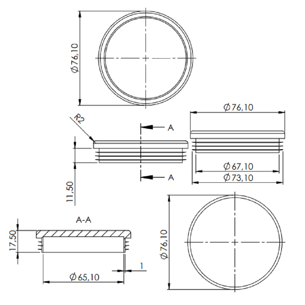 Kunststoff Einsteckkappe für Rundrohr ø 76,1mm mit Wandstärke 1,5-4mm, in Schwarz