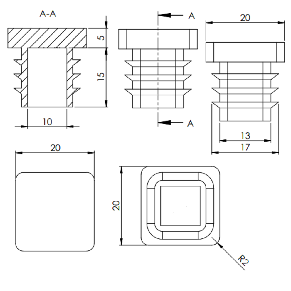 Kunststoff Einsteckkappe für Vierkantrohre 20 x 20mm mit Wandstärke 1,5-2,0mm, in Schwarz