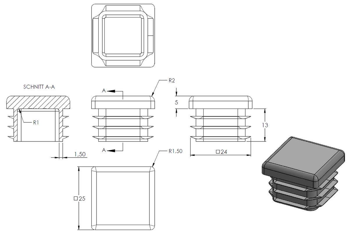 Kunststoff Einsteckkappe für Vierkantrohre 25 x 25mm mit Wandstärke 1,5-3,0mm, in Anthrazitgrau