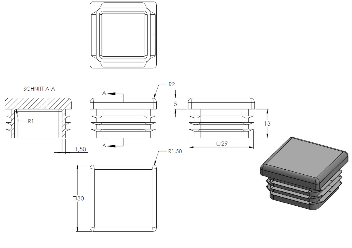 Kunststoff Einsteckkappe für Vierkantrohre 30 x 30mm mit Wandstärke 1,0-3,0mm, in Anthrazitgrau
