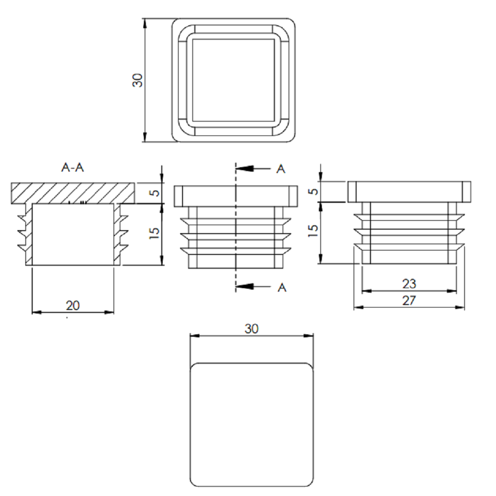 Kunststoff Einsteckkappe für Vierkantrohre 30 x 30mm mit Wandstärke 1,5-2,0mm, in Schwarz