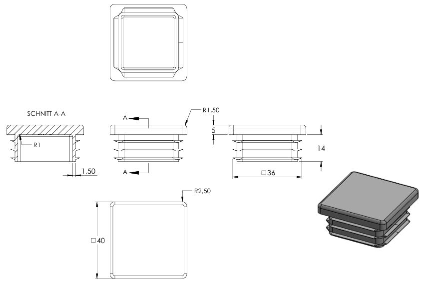 Kunststoff Einsteckkappe für Vierkantrohre 40 x 40mm mit Wandstärke 3,0mm in Grau