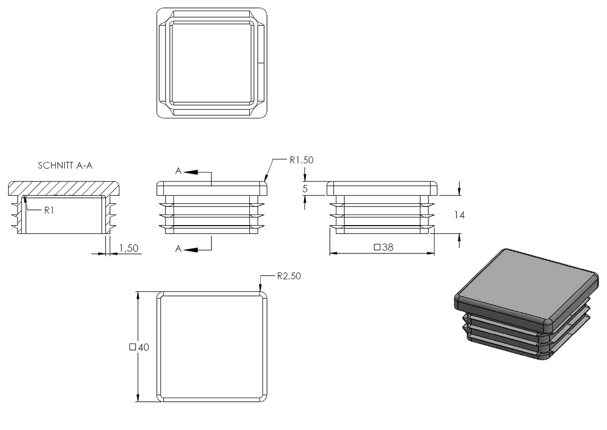 Kunststoff Einsteckkappe für Vierkantrohre 40 x 40mm mit Wandstärke 1,0-3,0mm, in Anthrazitgrau