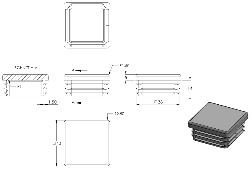 Kunststoff Einsteckkappe für Vierkantrohre 40 x 40mm mit Wandstärke 1,5-2,0mm in Grau