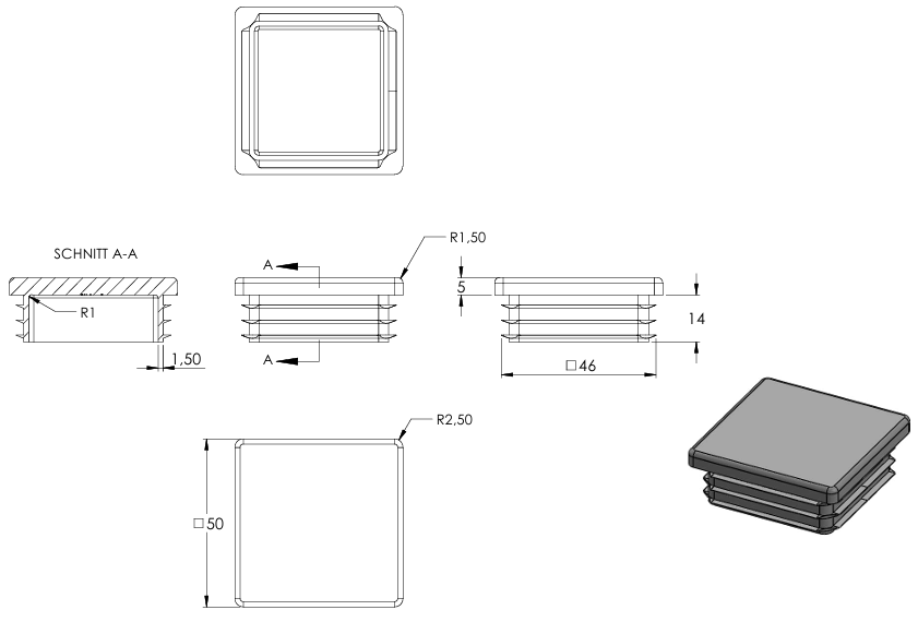 Kunststoff Einsteckkappe für Vierkantrohre 50 x 50mm mit Wandstärke 3,0mm in Grau