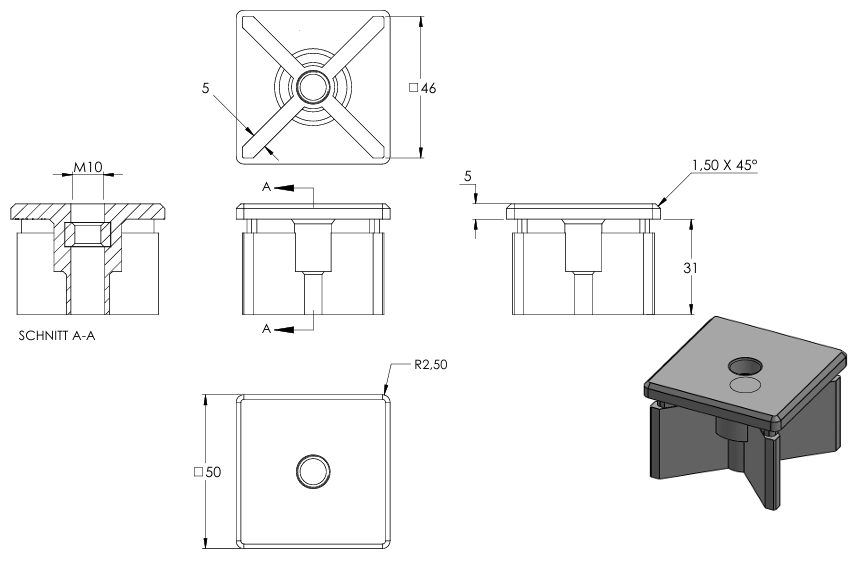 Kunststoffkappen für Quadratrohr 50x50mm, mit Wandstärke 2,0mm, mit Innengewinde M10