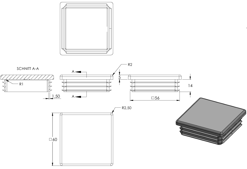 Kunststoff Einsteckkappe für Vierkantrohre 60 x 60mm mit Wandstärke 3,0mm in Grau