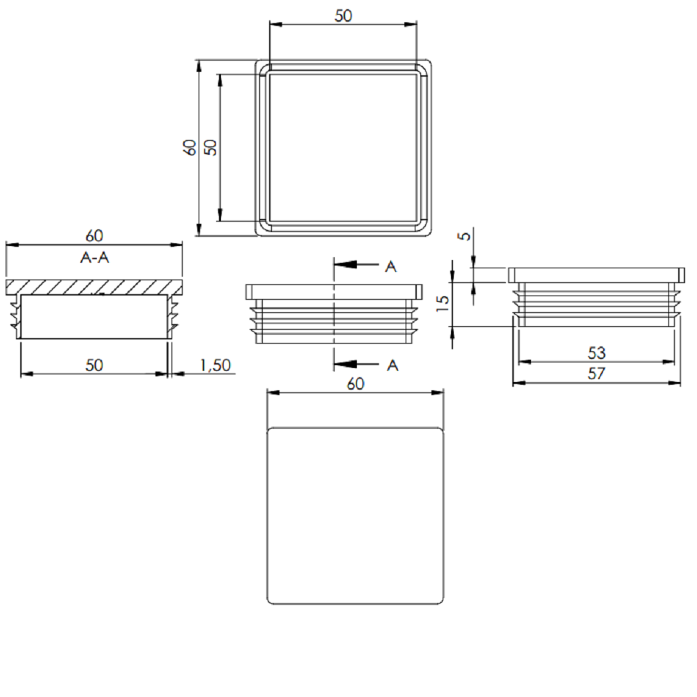Kunststoff Einsteckkappe für Vierkantrohre 60 x 60mm mit Wandstärke 1,5-2,0mm, in Schwarz