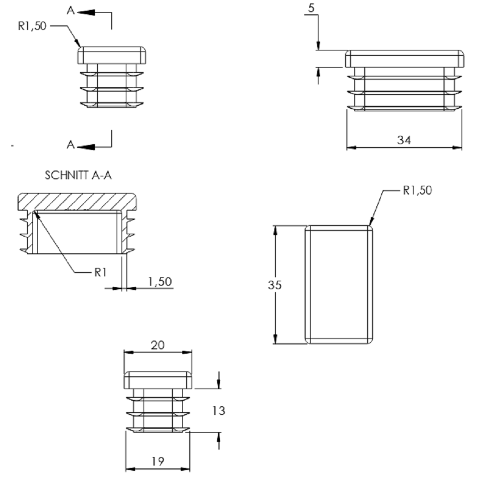 Kunststoff Einsteckkappe für Rechteckrohre 35 x 20mm mit Wandstärke 1,5-2,0mm, in Schwarz