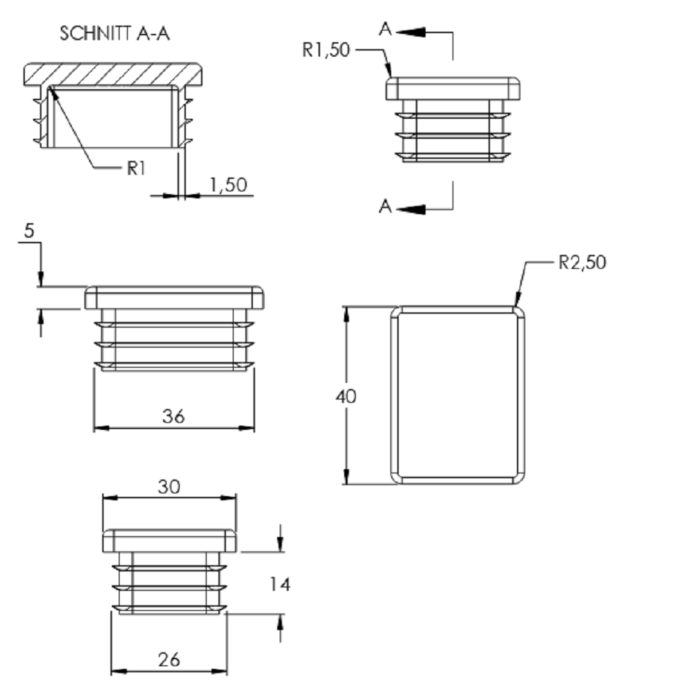 Kunststoff Einsteckkappe für Rechteckrohre 40 x 30mm mit Wandstärke 3,0mm, in Schwarz