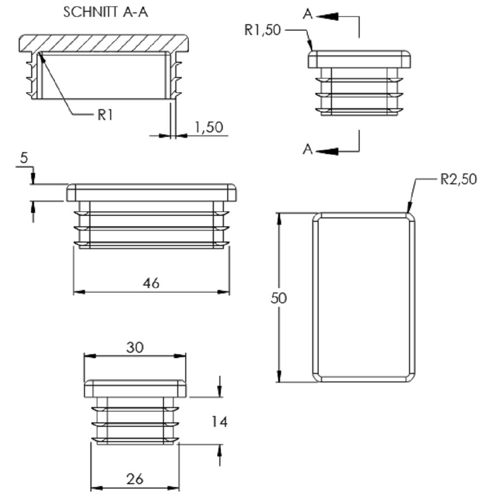Kunststoff Einsteckkappe für Rechteckrohre 50 x 30mm mit Wandstärke 3,0mm, in Schwarz