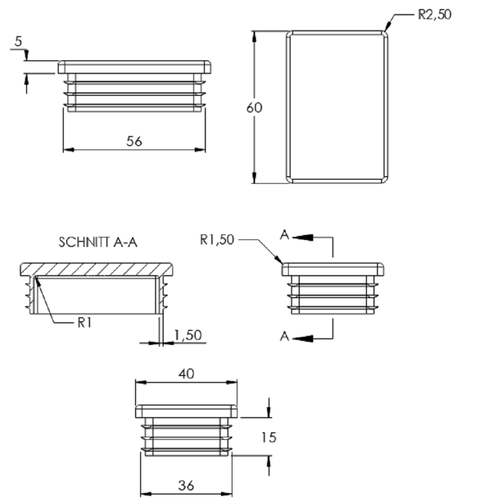 Kunststoff Einsteckkappe für Rechteckrohre 60 x 40mm mit Wandstärke 3,0mm, in Schwarz