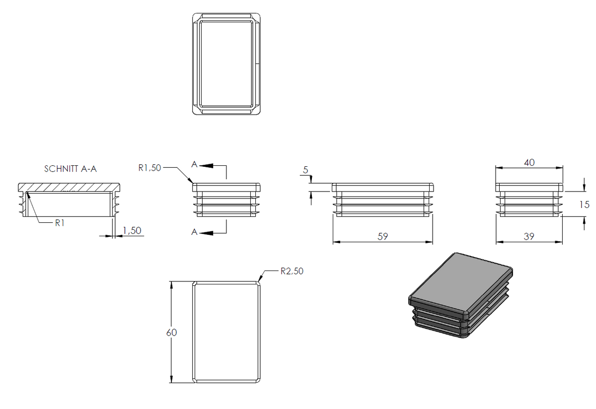 Kunststoff Einsteckkappe für Rechteckrohre 60 x 40mm mit Wandstärke 1,5-2,0mm, in Anthrazitgrau