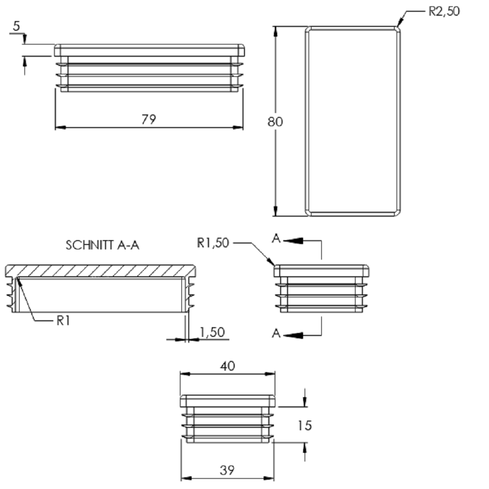Kunststoff Einsteckkappe für Rechteckrohre 80 x 40mm mit Wandstärke 3,0mm, in Schwarz