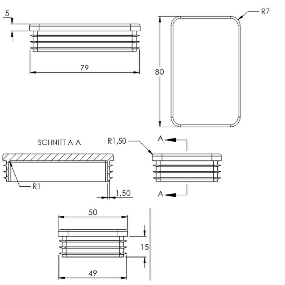 Kunststoff Einsteckkappe für Rechteckrohre 80 x 50mm mit Wandstärke 2,0-4,0mm, in Schwarz
