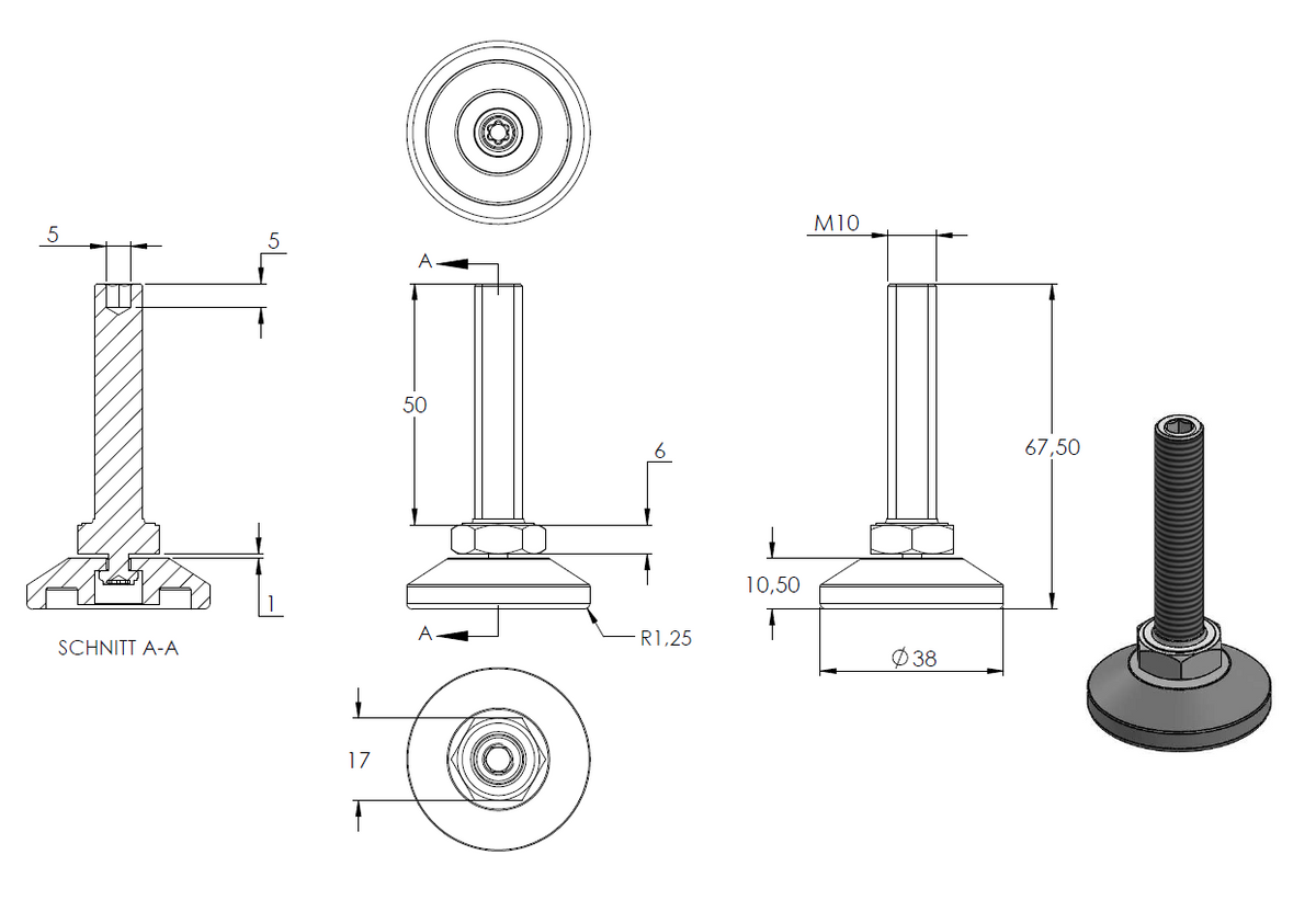 Stellfuß aus Kunststoff, M10 x 50, mit Justierschraube, mit Fuß ø 38mm