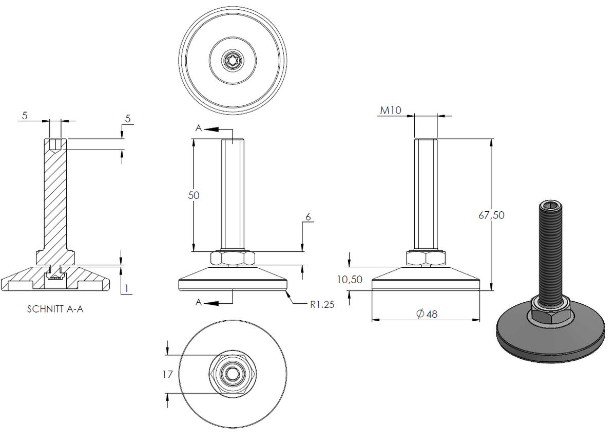 Stellfuß aus Kunststoff, M10 x 50, mit Justierschraube, mit Fuß ø 48mm