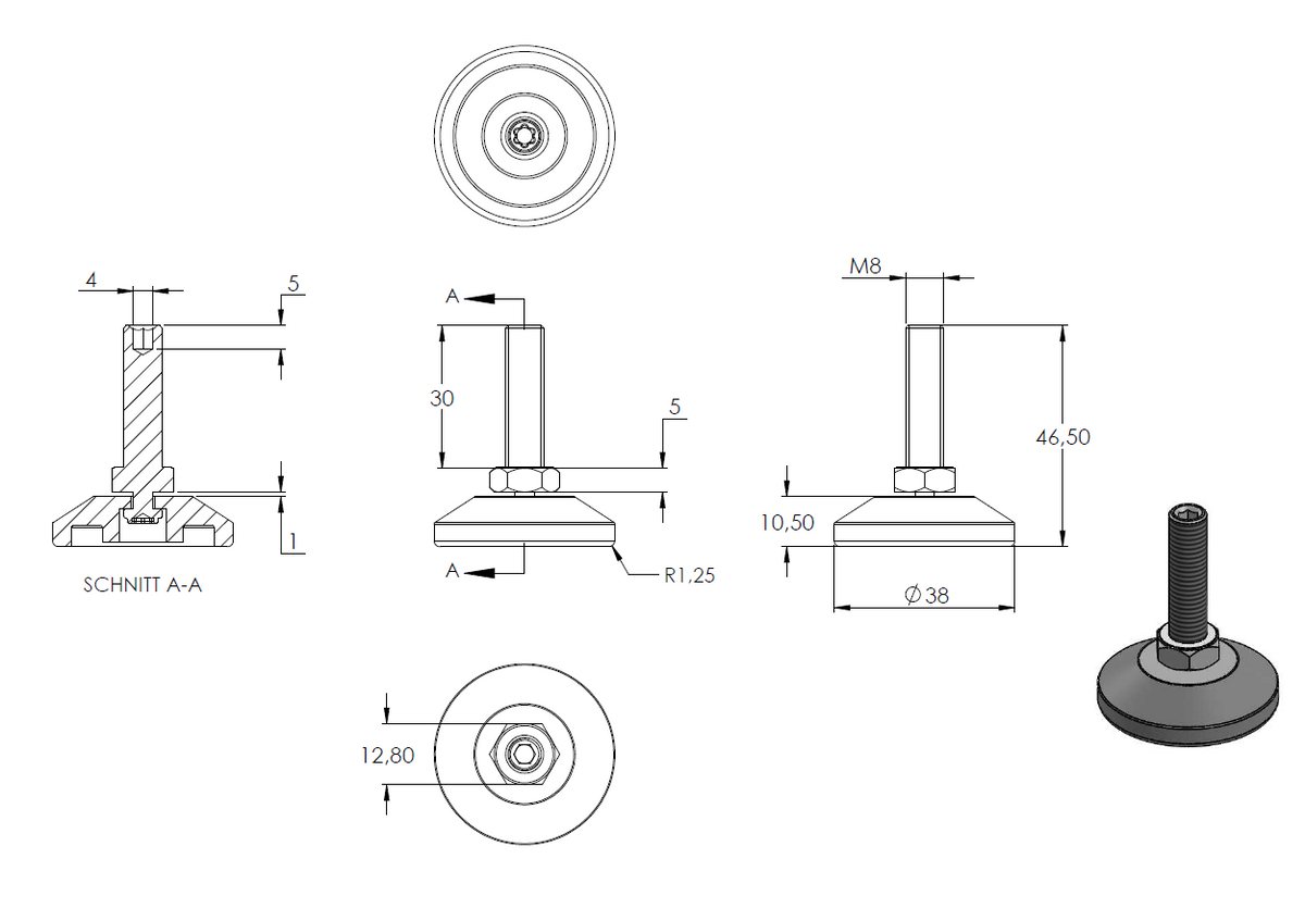 Stellfuß aus Kunststoff, M8 x 30, mit Justierschraube, mit Fuß ø 38mm