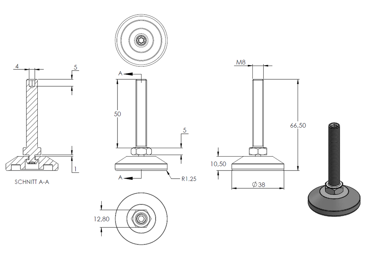Stellfuß aus Kunststoff, M8 x 50, mit Justierschraube, mit Fuß ø 38mm