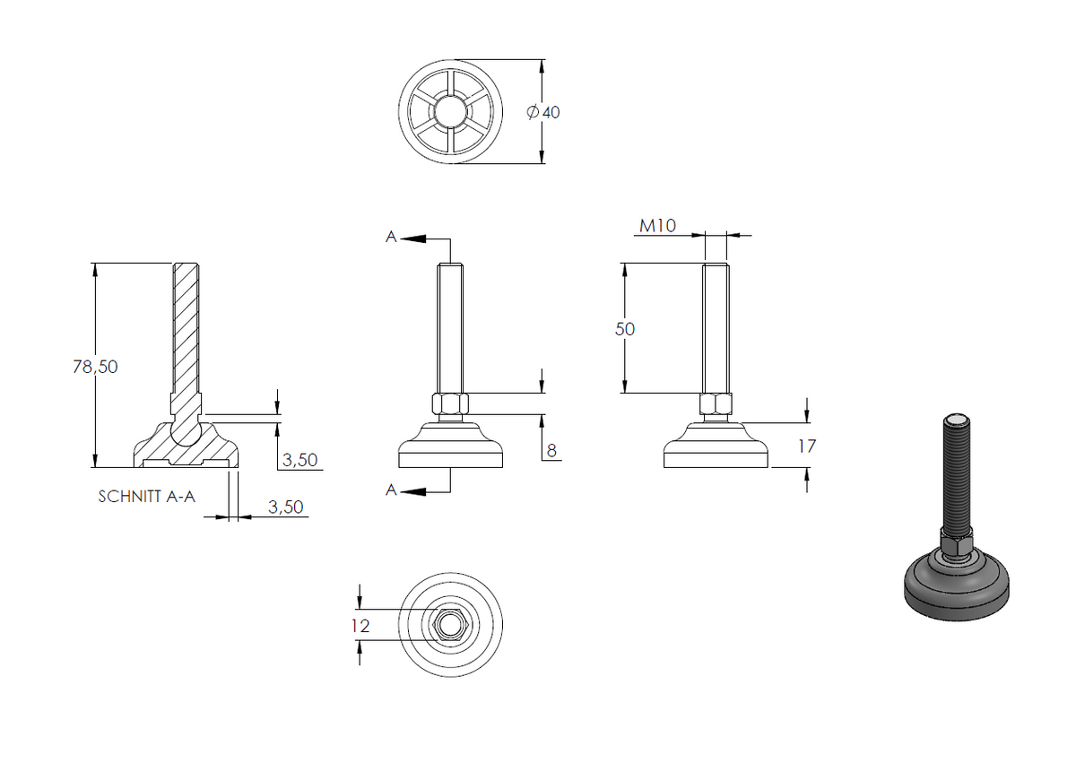 Schwerlast-Maschinenfuß mit Kugelgelenk, M10 x 50, mit Fuß ø 40mm