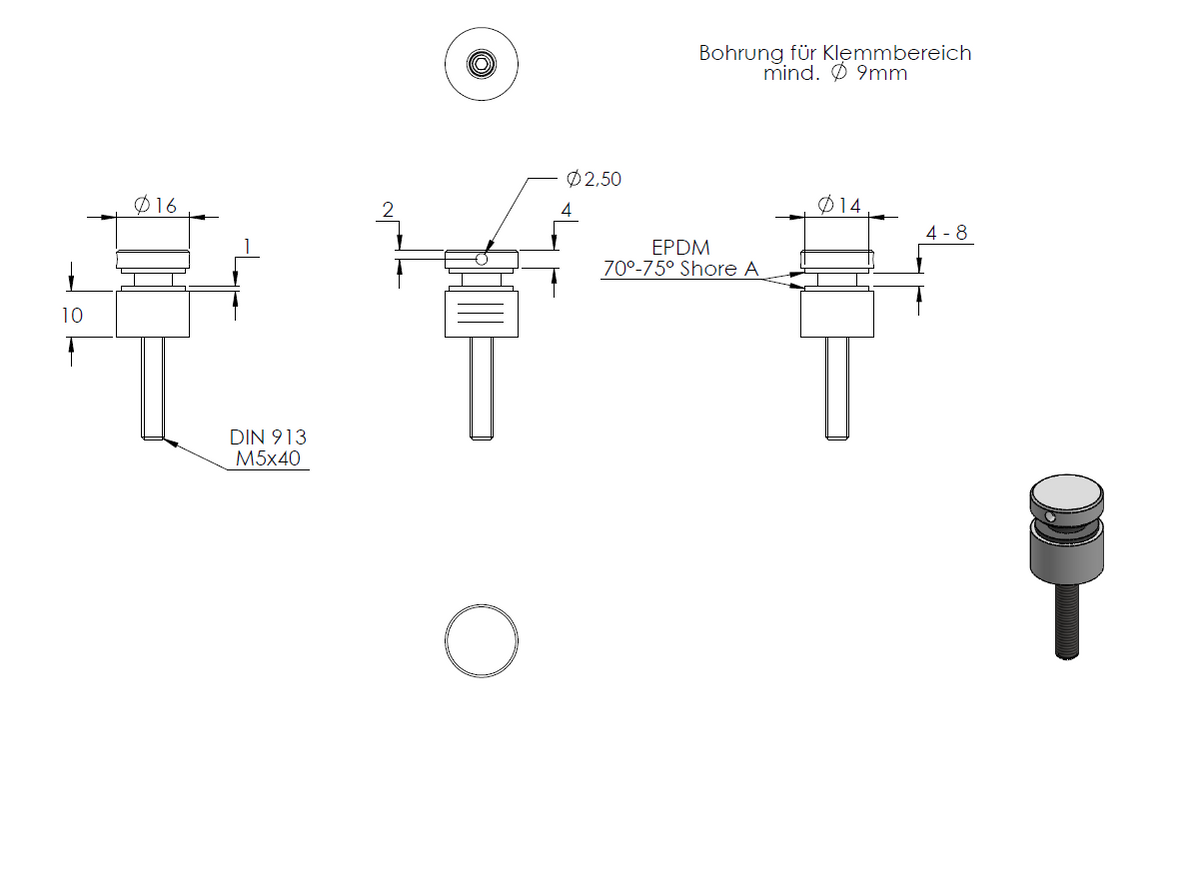 Schildhalter (Metrisch) ø 16mm für Glas 4,0-8,00mm, flacher Anschluss