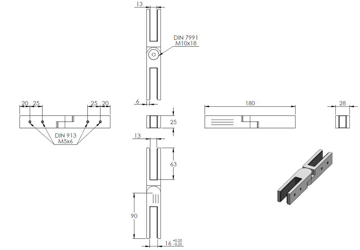 Glasverbinder verstellbar 86-275°, für Glas 12,00 - 12,76mm, V4A