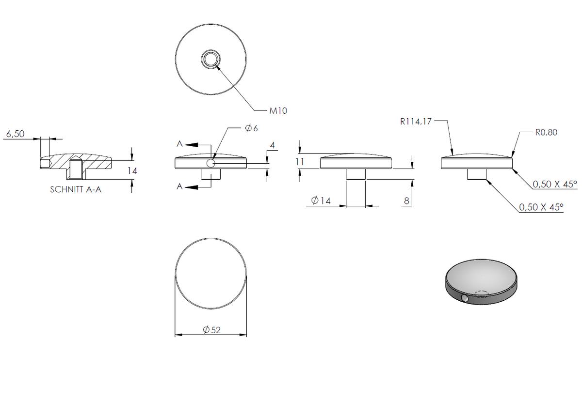 Glas-Punkthalter ø 52mm mit verstellbarem Wandabstand, für Glasstärken 12,0-25,52mm, mit Langloch zur Montage, mit AbP