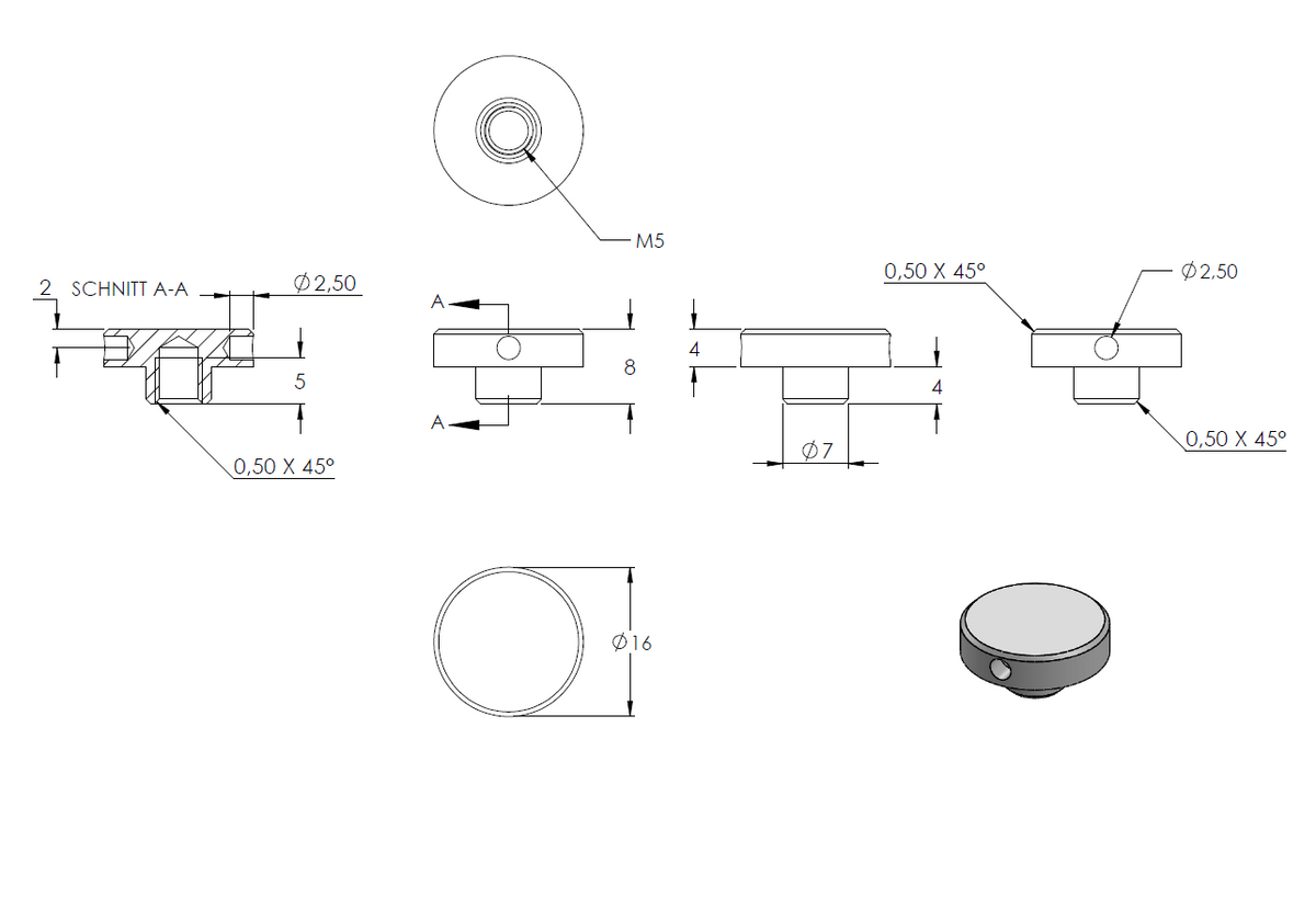 Schildhalter (Metrisch) ø 16mm für Glas 4,0-8,00mm, flacher Anschluss