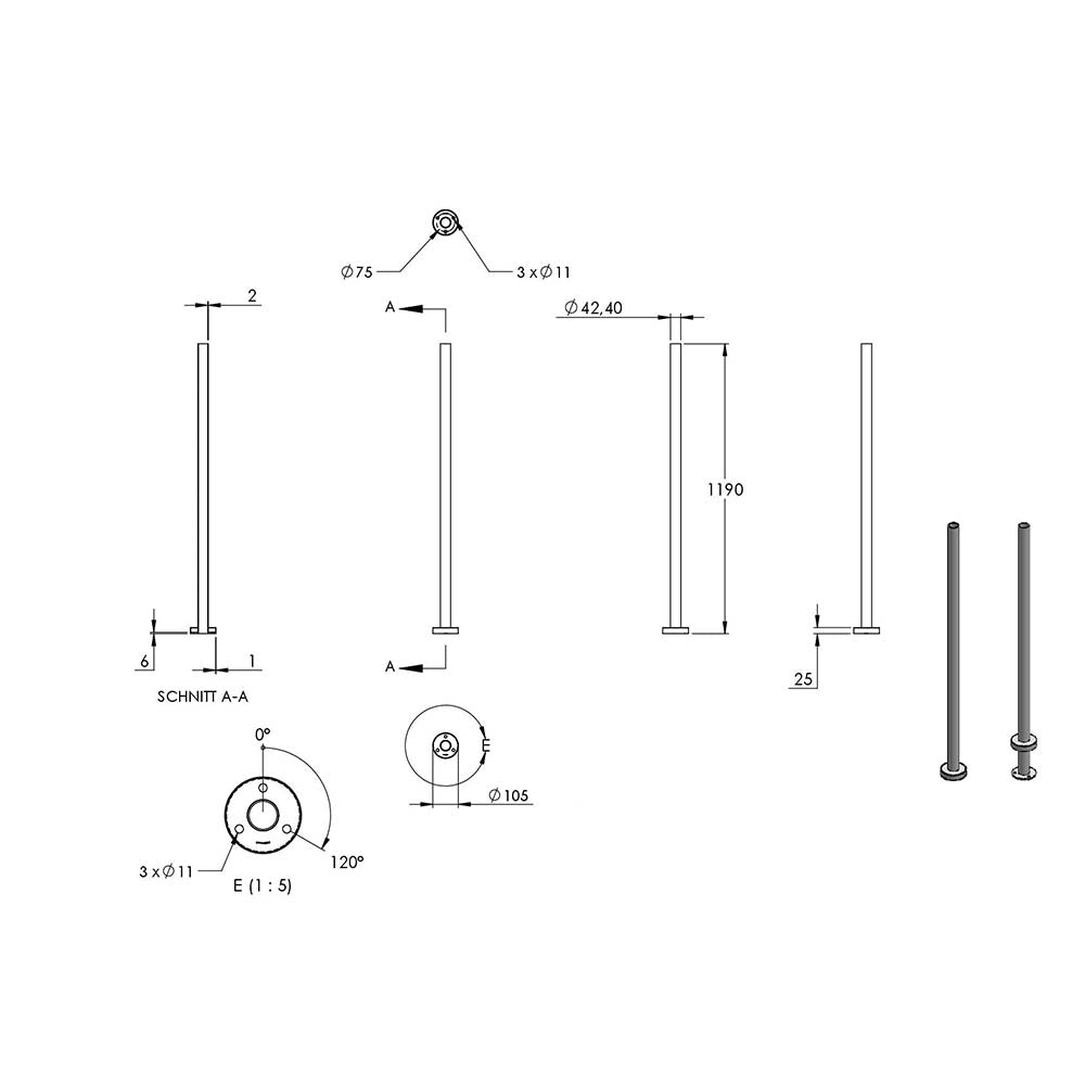 Edelstahlpfosten zur Bodenmontage 42,4mm, Länge 1190mm (zur Selbstbearbeitung)