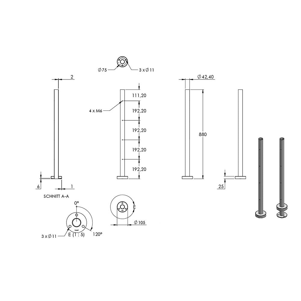 Edelstahlpfosten zur Bodenmontage 42,4mm, L= 880mm mit 4x Gewinde für Stabhalter
