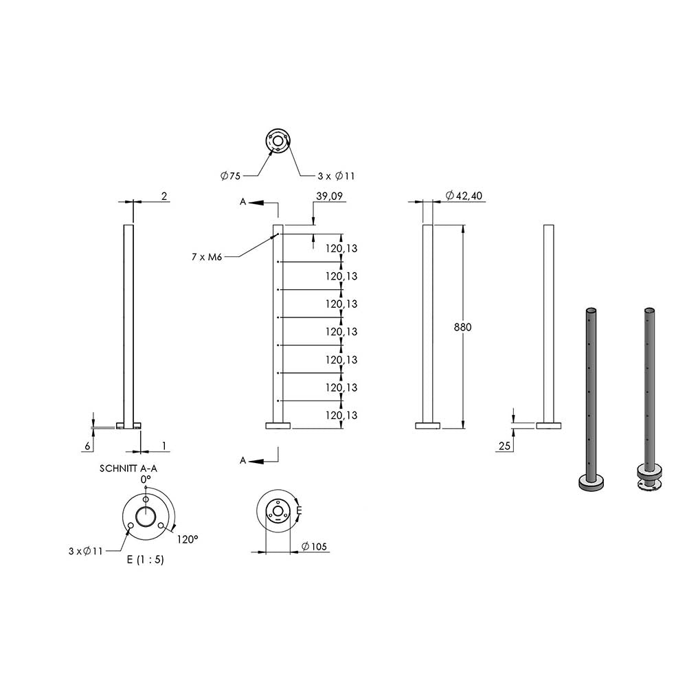 Edelstahlpfosten zur Bodenmontage 42,4mm, L= 880mm mit 7x Gewinde für Stabhalter