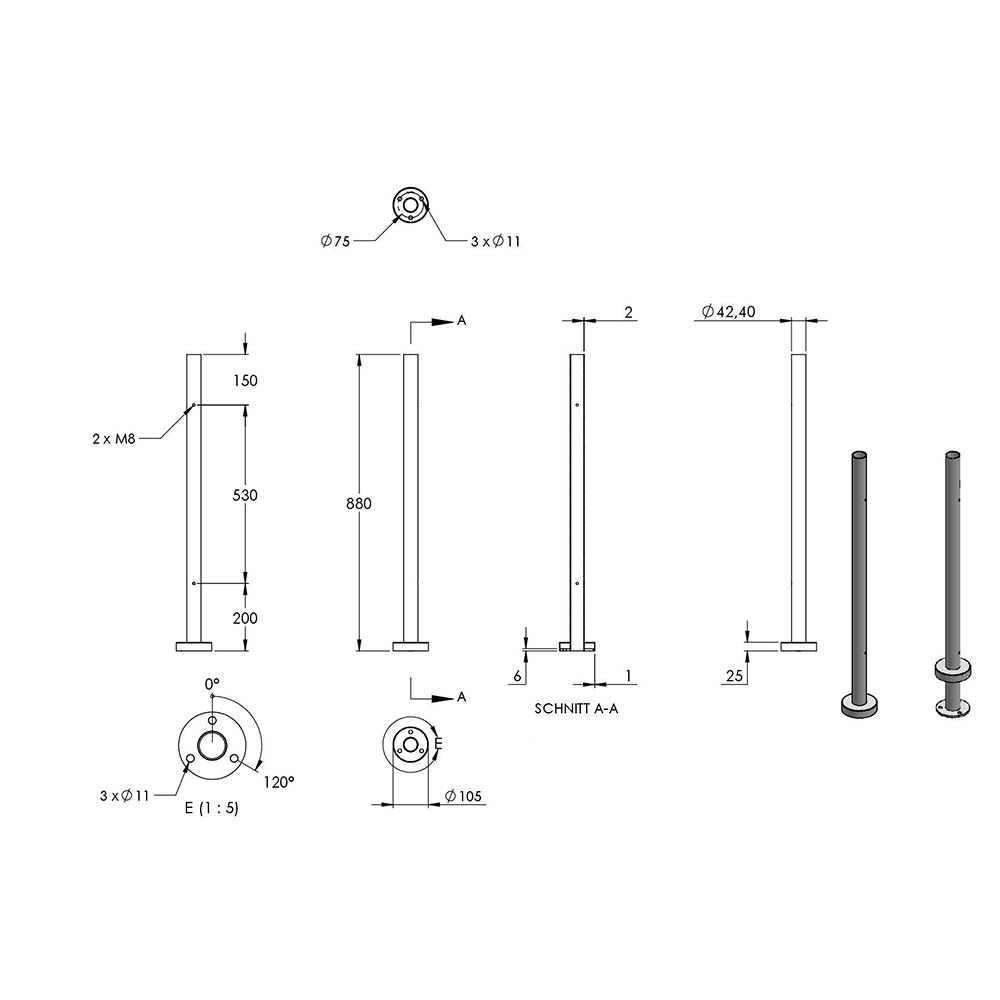 Edelstahlpfosten "Endpfosten" zur Bodenmontage 42,4mm, L= 880mm mit 2x Gewinde für Glasklemme nach Wahl